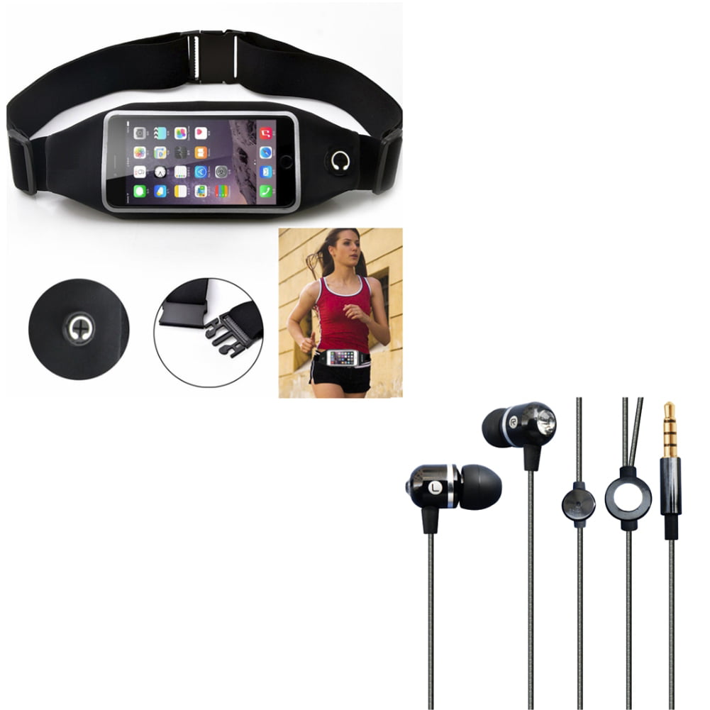 Black Sport Workout Belt Waist Bag Case w Hi-Fi Sound Earbuds Hands-free Earphones w Mic G5X for ASUS Zenfone V Live, PadFone X, Max Plus M1, ROG Phone, AR 5z 4 Pro 3 Max 2E 2 - Blackberry Z30
