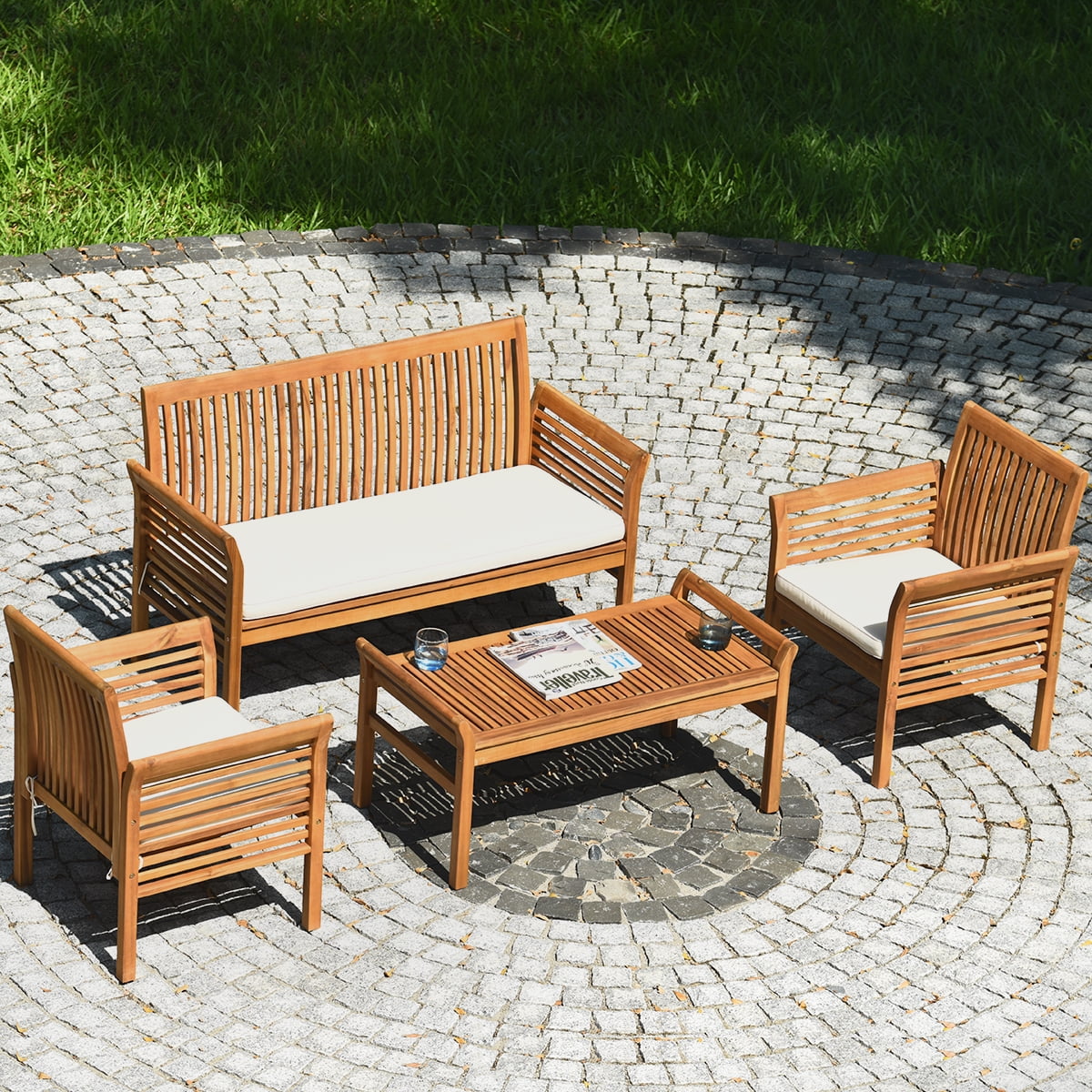 Gymax 4PCS Acacia Wood Patio Conversation Set, Outdoor Deck Home Gymax 4PCS Acacia Wood Patio Conversation Set, Outdoor Deck Home