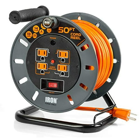 50 Ft Extension Cord Reel with 4 Electrical Power Outlets - 14/3 SJTW Heavy Duty Orange Cable