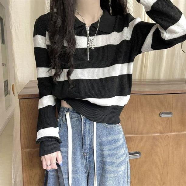 Striped Half Zipper Polo Collar Pullover Sweater for Women's Fashion Sense Worn on the Outside and on the Inside Loose Knit