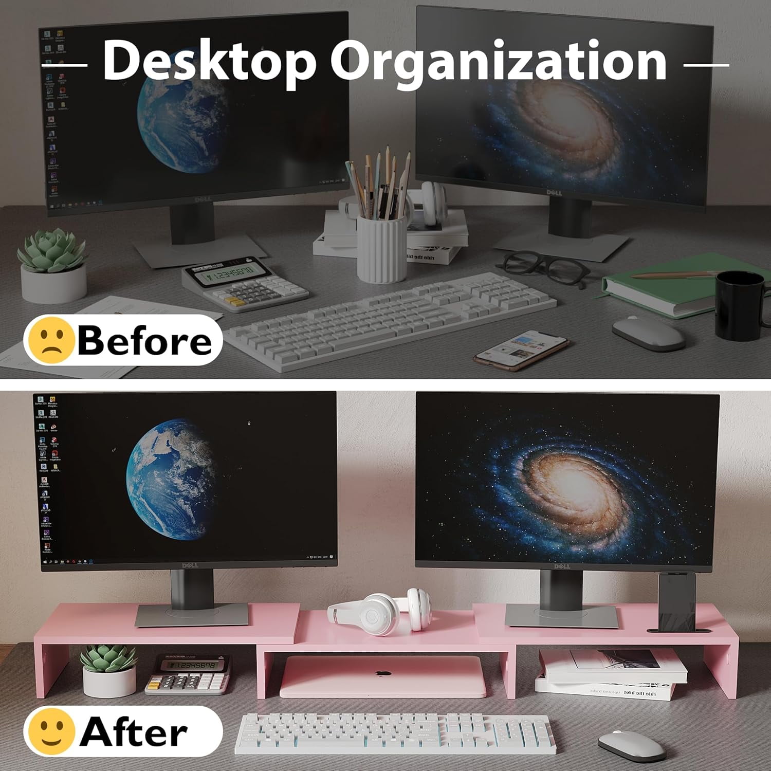 Dual Monitor Stand Riser with Smartphone Holder, Adjustable Length & Swivel Angle, Ergonomic Wooden Desktop Organizer for PC Monitor, Laptop, Printer, Large Storage, Pink