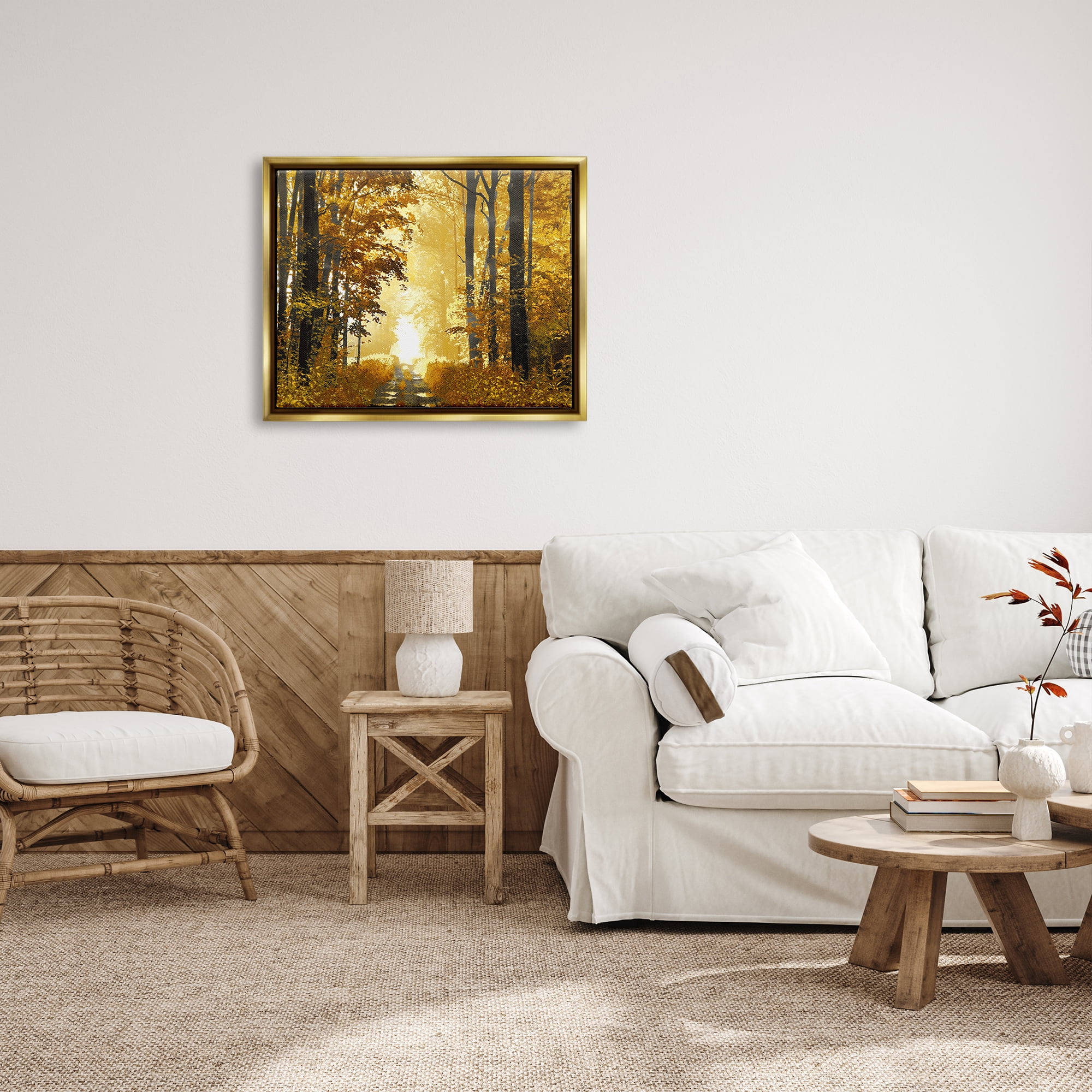 Stupell Industries Autumn Path Landscape Nature Painting Gold Floater Framed Art Print Wall Art, 31 x 25