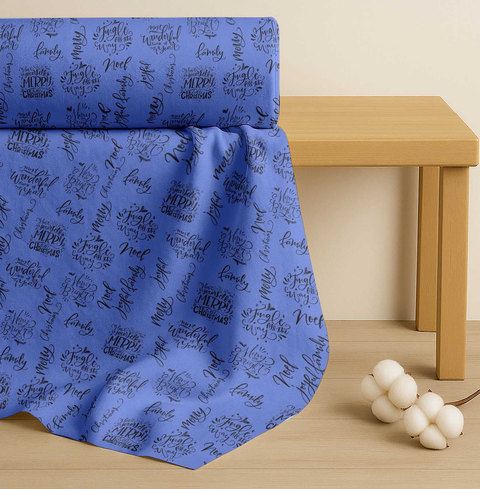 Soimoi Blue Cotton Cambric Fabric Merry Christmas Text Print Fabric by the Yard 56 Inch Wide