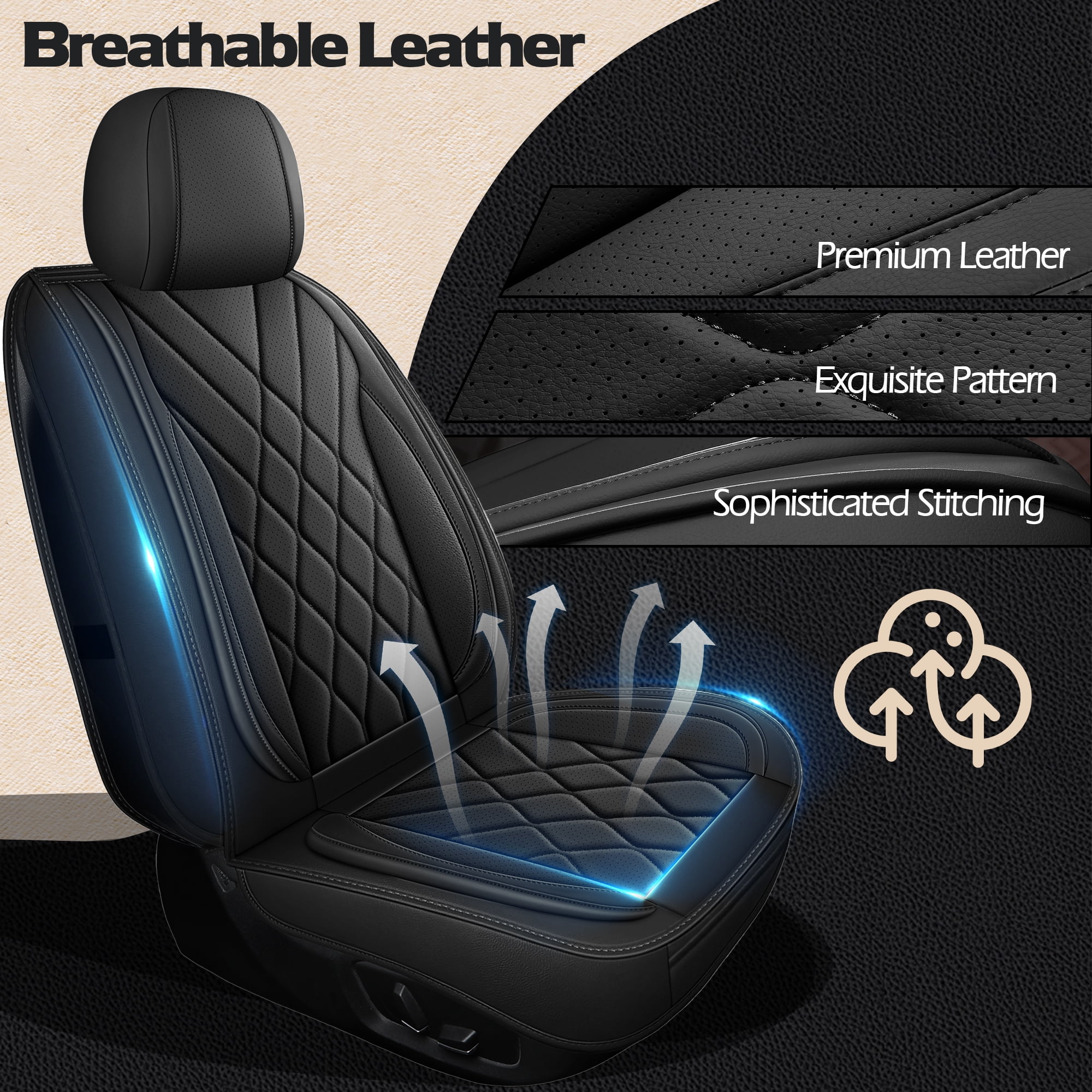 LINGVIDO Premium Leather 2 Seats Car Seat Cover For SUV Sedan Universal Fit Seat Cushion Durable Breathable Black Seat Covers for Car