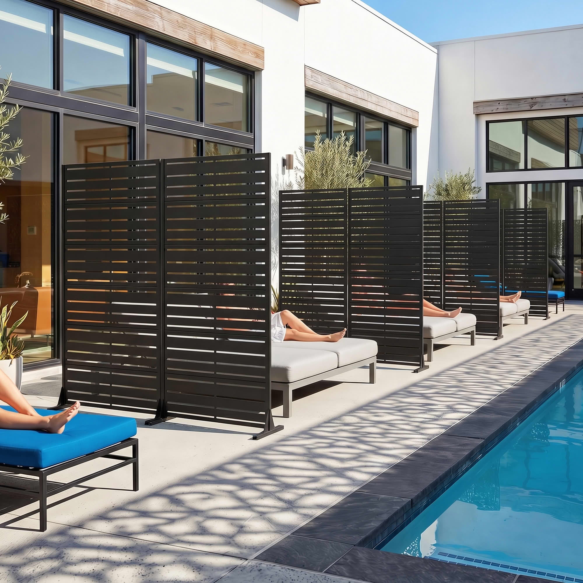 MAYEERTY 72"x35" Outdoor Privacy Screen, Black Wide-1 Narrow-2 Metal Louvered Freestanding Room Divider, for Patio Balcony Backyard