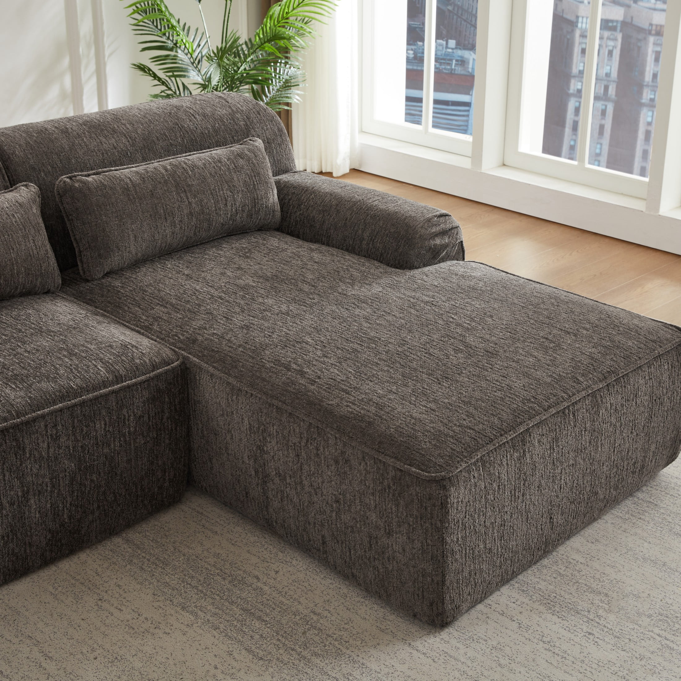 Aukfa 102.4" Modular Sectional Sofa with Right Facing L-Shape Chaise, Deep Seat Chenille Upholstered Couch with Lumbar Pillow, No Assembly Required, Brown