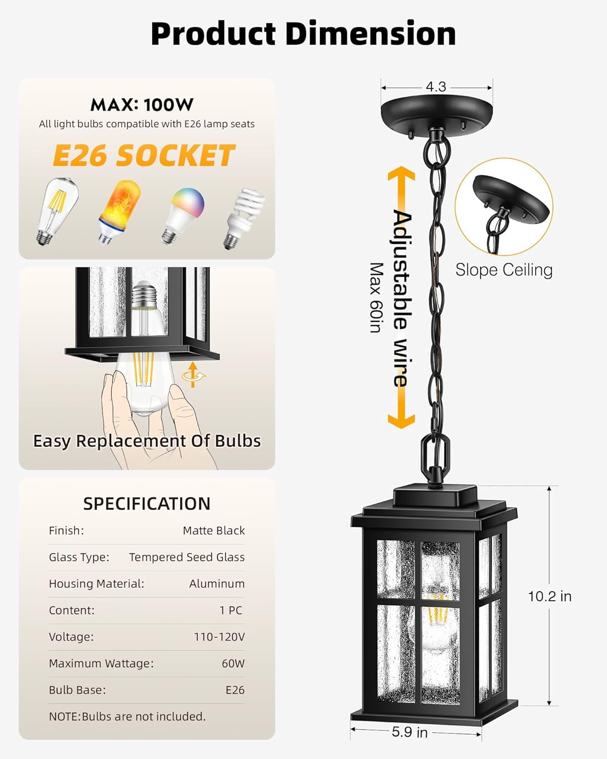 VIANIS Outdoor Pendant Lights - Matte Black Hanging Lights with Adjustable Chain, Modern Waterproof Chandelier for Front Door, Anti-Rust Exterior Ceiling Lanterns for Entryway