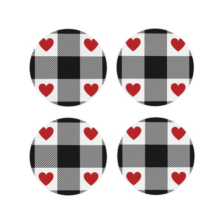 

Gaeub Heart Black Buffalo Plaid Gingham Print 4 Pcs Leather Coasters for Drinks Drink Coasters Sets Drink Table Cup Coasters for Living Room Kitchen Coffee Decor-Round Shape