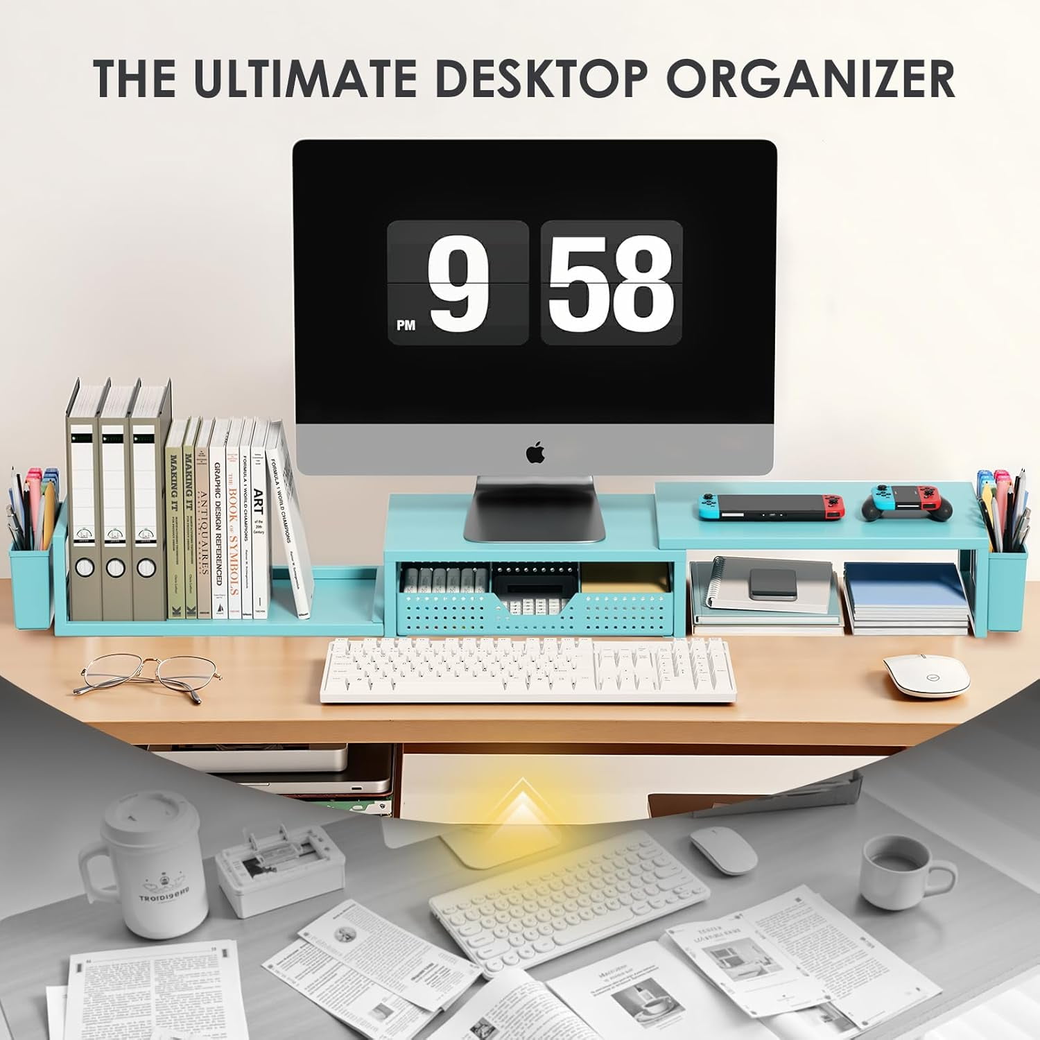 Dual Monitor Stand Riser with Drawer and Pen Holders, Metal Desk Shelf Organizer for Office Workspace, Green Desktop Storage