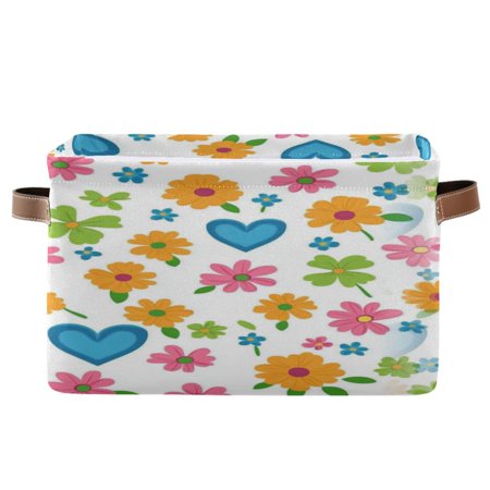 Colorful Flowers and Blue Heart Foldable Storage Basket Canvas Fabric Foldable Storage Bins with Handles Open Home Storage Bins Boxes for Toy Book Shelf Closet Baskets