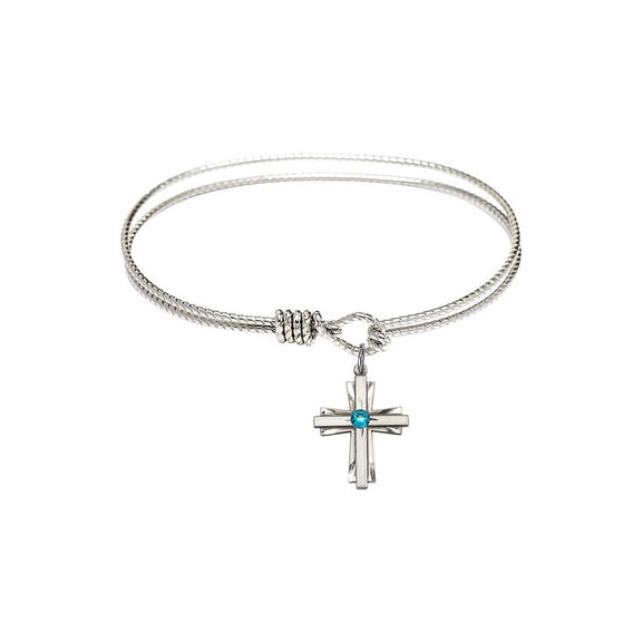 6 1/4 inch Oval Eye Hook Bangle Bracelet w/ Cross medal charm w/ December Blue Swarovski Crystal