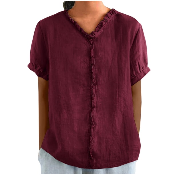 Camisas de Manga Corta para las Mujeres Casual V-Cuello Sólido Encaje Blusa Superior, Camisa de Verano de Moda para Diario Y Fiesta