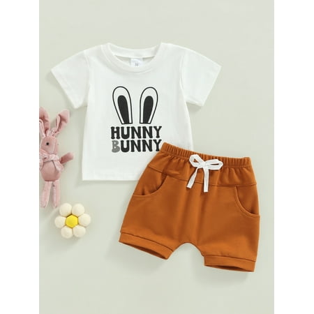 

Newborn Baby Boy Easter Clothes Summer Bunny Short Sleeve T-Shirt Tops Drawstring Short Pants Boy Casual Shorts Outfits (Black Letters 0-3 Months)