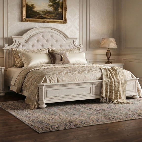 Roundhill Furniture Nelson French Traditional Tufted Upholstery Bed, Antique White, King