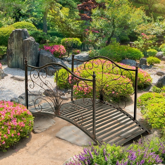 Outsunny 4’ Metal Arch Backyard Garden Bridge with Safety Siderails, Delicate Scrollwork, & Easy Assembly, Black Bronze