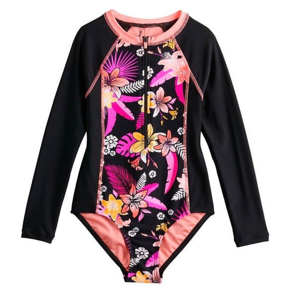 Maillot de Bain ZeroXposur pour Filles Manches Longues une Pièce Noir Rose Corail UPF 30+ TTP XXSmall 4/5