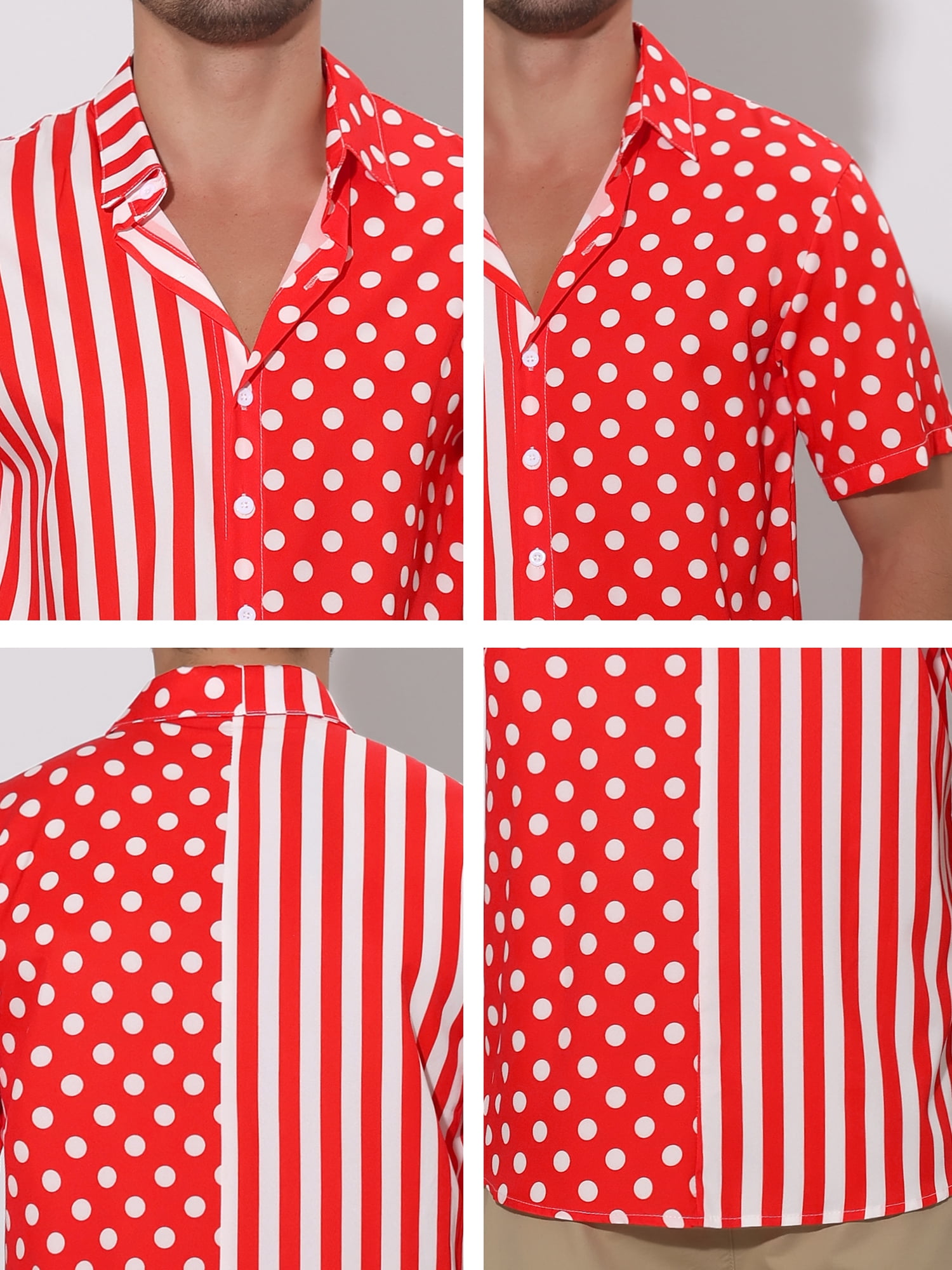 Unique Bargains Men's Summer Stripe Polka Dots Short Sleeves Button Patchwork Shirt L Red White