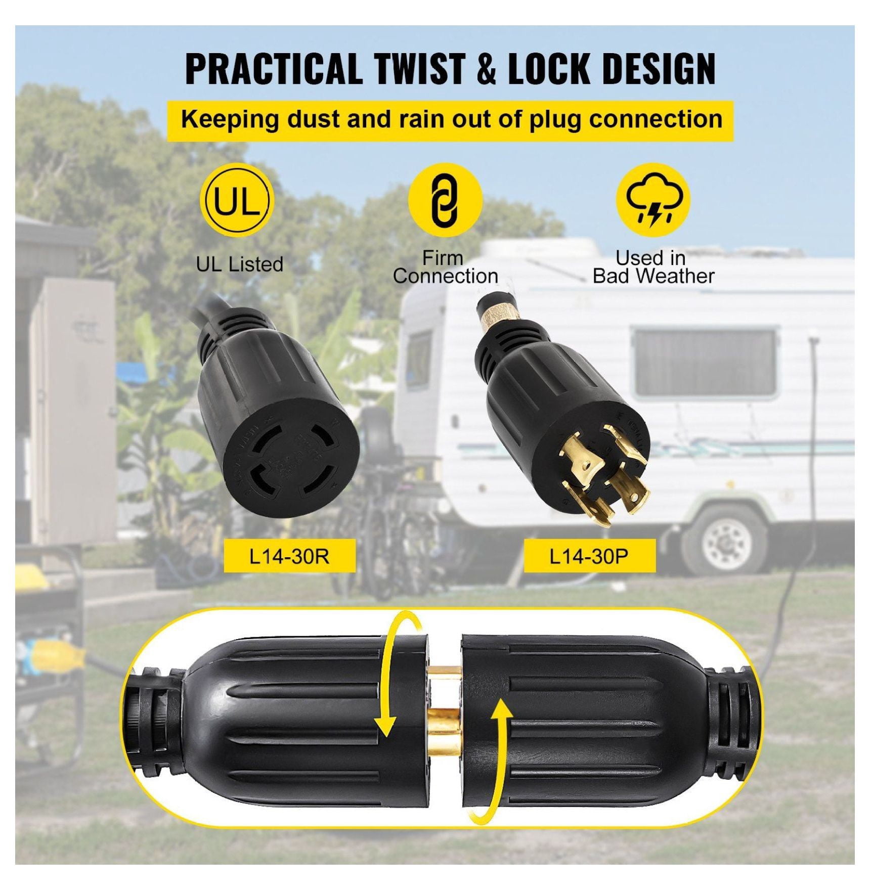 30 Amp Generator Extension Cord 50ft 10 Gauge 4 Wire NEMA L14-30P to L14-30R Heavy Duty Generator Power Cord SJTW Copper Twist Lock for RV/Camping
