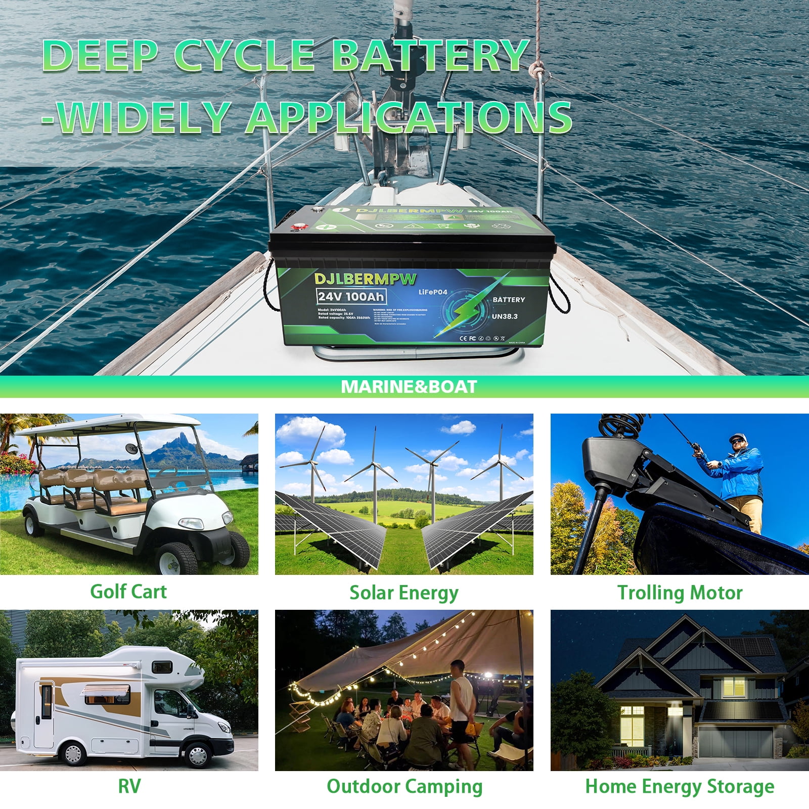 DJLBERMPW 24V 100Ah LiFePO4 Lithium Battery, 4000-15000 Deep Cycle Battery 100A BMS for RV, Solar System, Marine, Boat, Trolling Motor