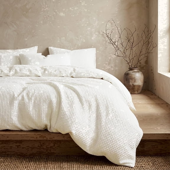 DCSKY Full Size Waffle Weave Cotton Duvet Cover Set , Unique Texture Comfort , 80x90 Inch 3-Piece White