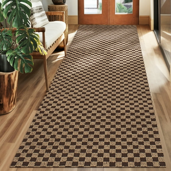 Koloko Runner Rugs Outdoor Indoor Non-Slip Area Rug Long Carpet Runners with Rubber Backing Mat Custom Size for Hallway Kitchen Entryway Garage, Brown Checkred, 4' x 6'