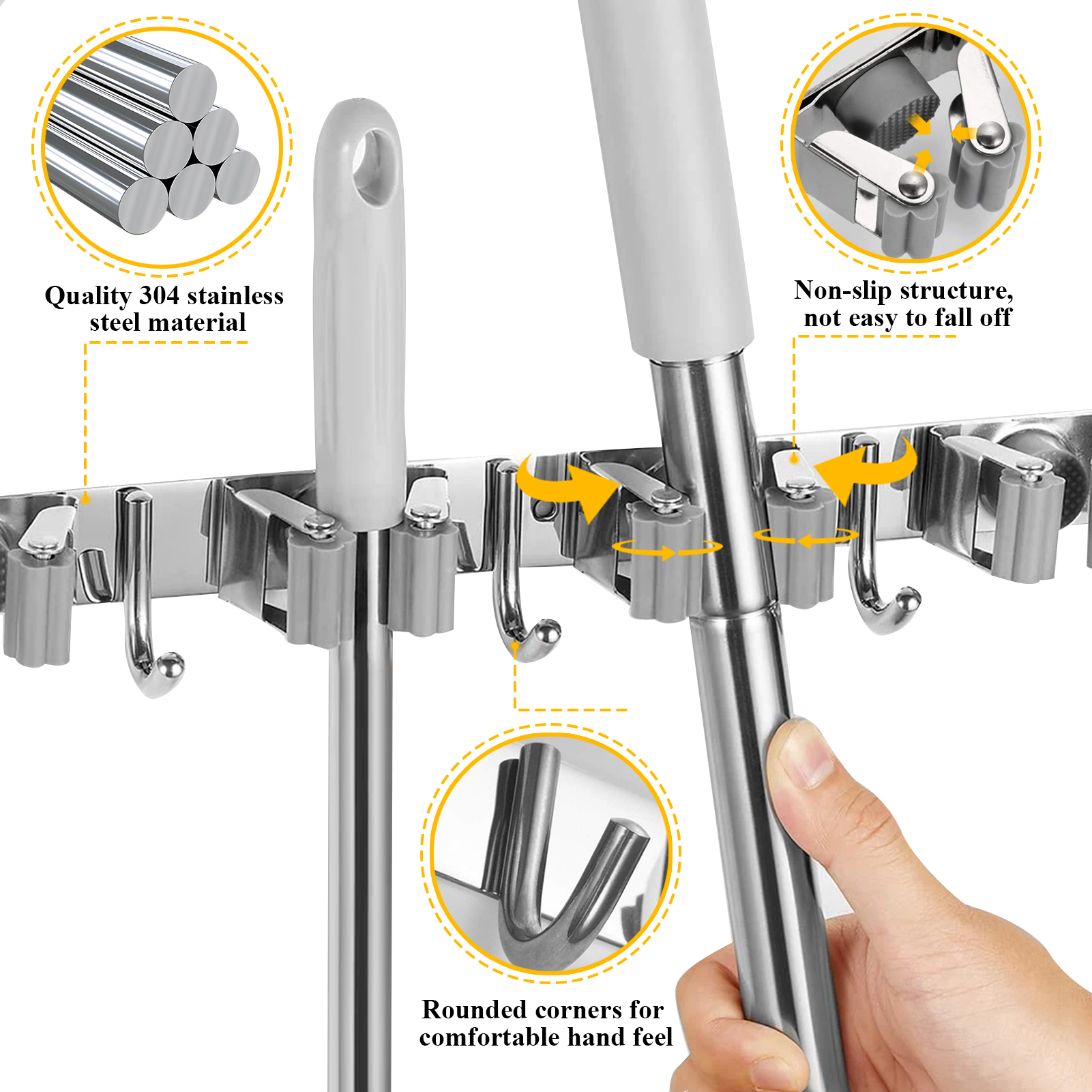 Fabulas Broom Holder Wall Mount, 5 Racks 4 Hooks, Stainless Steel photo 6