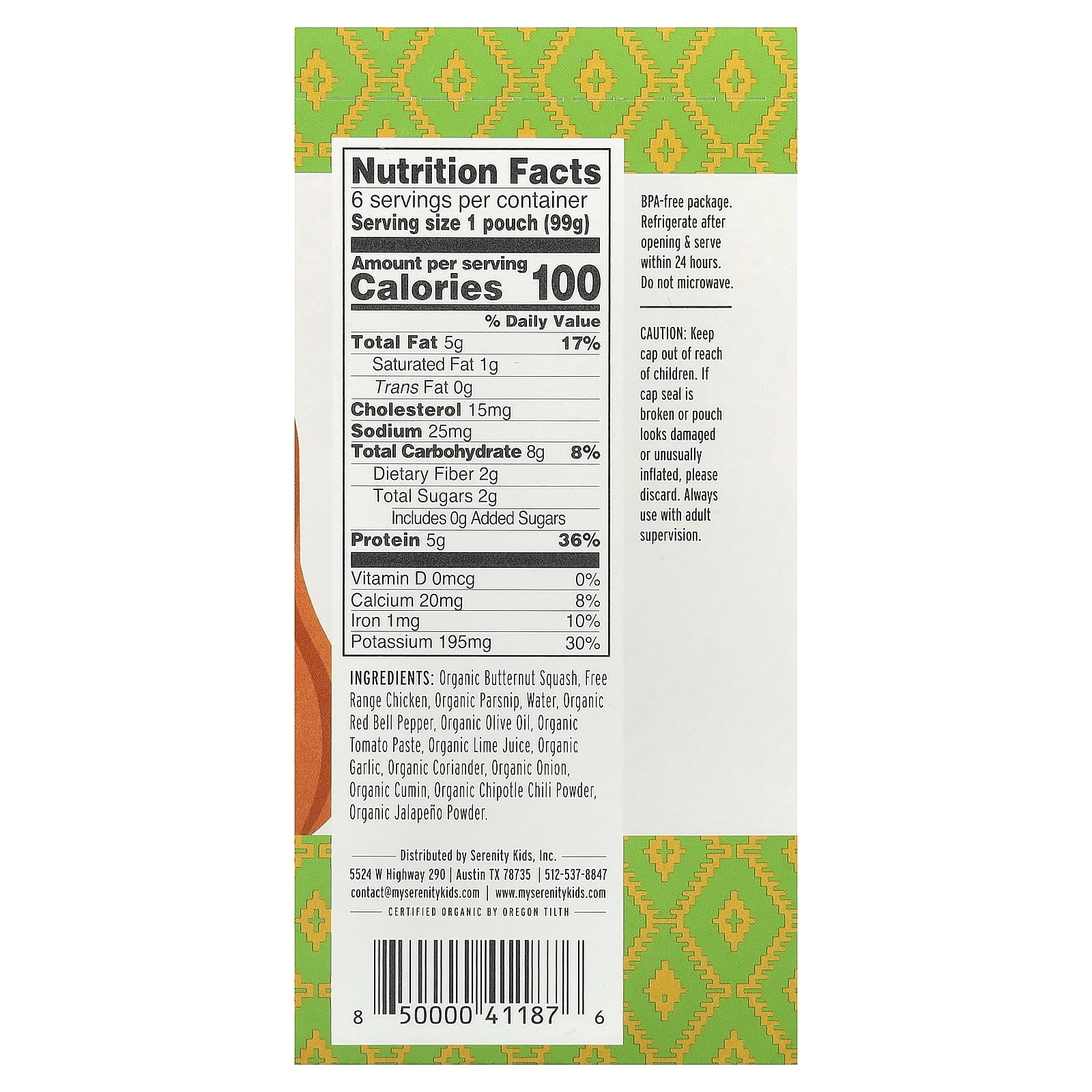 Serenity Kids Free Range Chicken Mexican Inspired Stew with Butternut & Red Bell Pepper, 6+ Months, 6 Pouches, 3.5 oz (99 g) Each