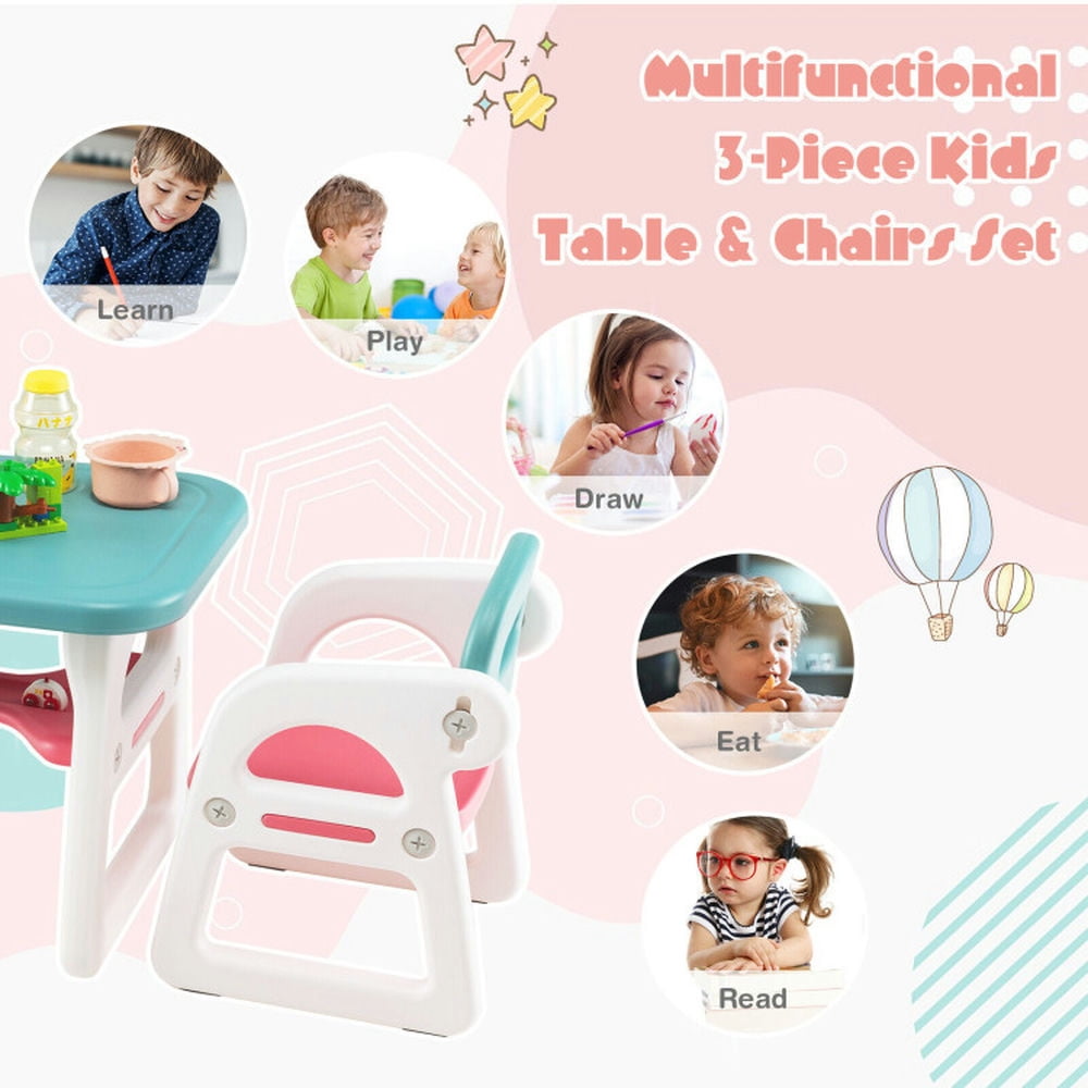 Resenkos Kids Table and Chair Set with Building Blocks-Pink & Blue, Small Folding Table for Arts & Crafts, Snack Time, Homeschooling, Homework