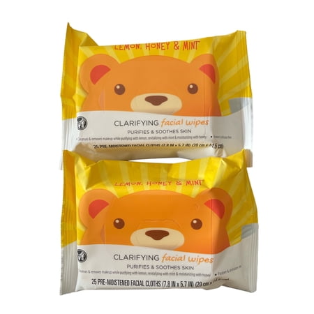 Lemon, Honey & Mint Clarifying Facial Wipes 25 Pre-Moistened Facial Cloths, 2 Packs Set