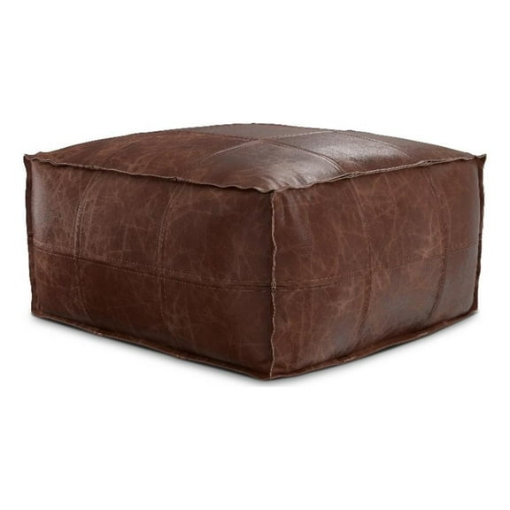 Pemberly Row Upholstered Square Genuine Leather Pouf in Dark Brown