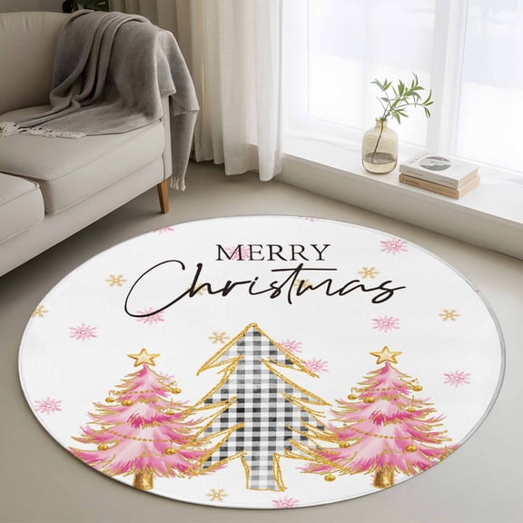Pink Christmas Tree Round Rug 3ft Washable Circle Entryway Rugs Non Slip Xmas Winter Snowflakes White Area Rug Indoor Floor Carpet for Bedroom Kitchen Living Room Home Office Dining Room Nursery