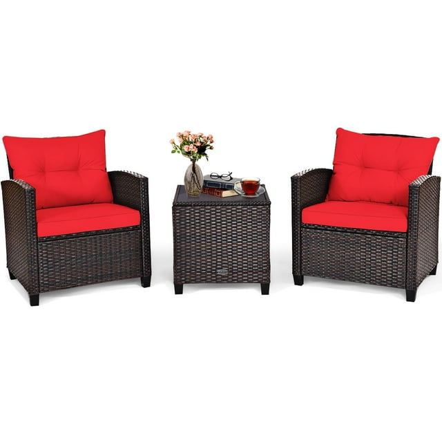 Giantex 3 Pieces Patio Furniture Set, PE Rattan Wicker 3 Pcs Outdoor Sofa Set w/Washable Cushion and Tempered Glass Tabletop, Conversation Furniture for Garden Poolside Balcony (Red))