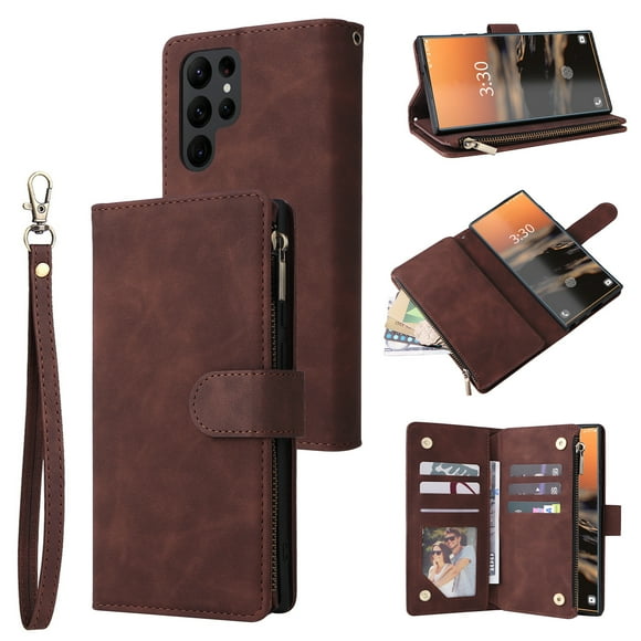 Tarise Phone Case for Samsung Galaxy S23 Ultra, Galaxy S23 Ultra Wallet Case with Zipper for Women Men, PU Leather Magnetic Flip Kickstand Closure Wrist Strap Zipper Card Holder Phone Cases, Coffee