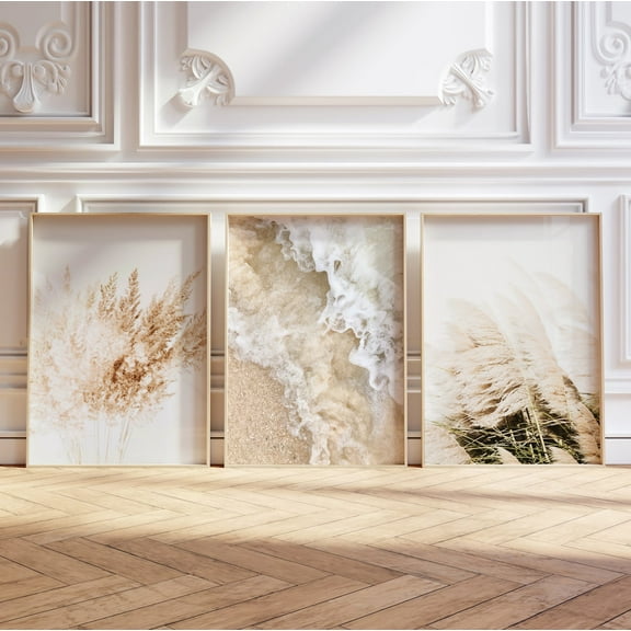 Luvia Neutral Coastal Pampas Grass Set Of 3 Boho Coastal Photography, Modern Wall Decor Set 3 Prints 8x12 UNFRAMED