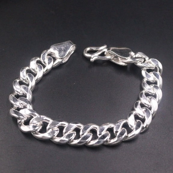 K-KED Pure 999 Fine Silver Chain Men 12mm Cuban Curb Link Bracelet 60-61g/7.8inch