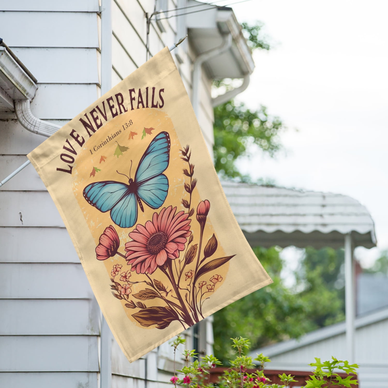 America Forever Bible Verse House Flag, 28 x 40 inch Double Sided, Love Never Fails,1 Corinthians 13:8, Scripture Bible Verse Outdoor Decor, Holiday Outside Decorations Yard Flag
