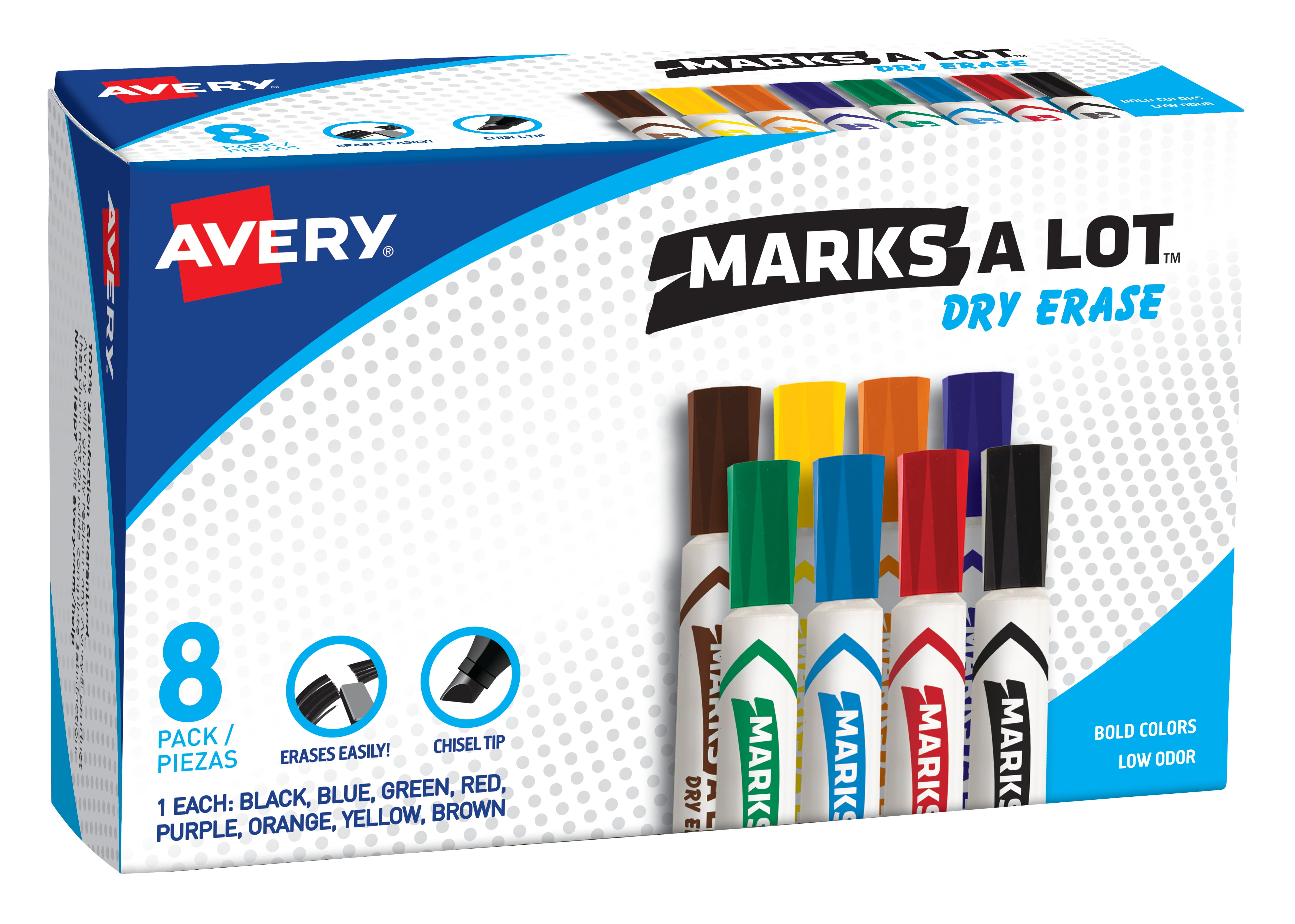 Avery Marks A Lot Desk-Style Dry Erase Markers, Chisel Tip, Assorted Colors, 8 Markers (24411)