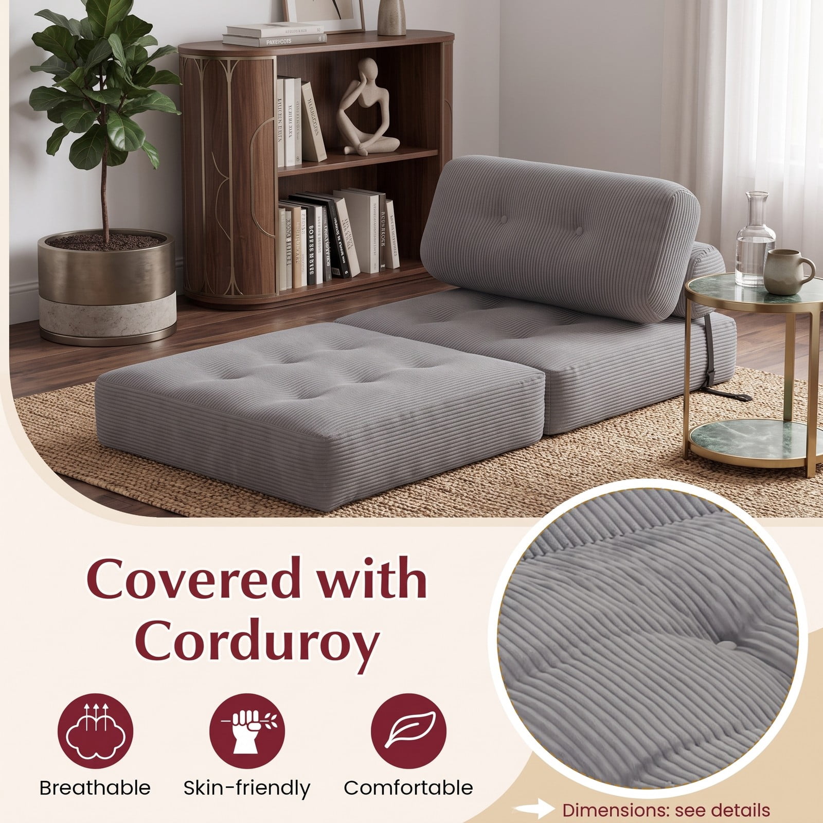 Furnibear Folding Sofa Bed with Pillow and Back Support, 3-in-1 Convertible Corduroy Floor Couch Sleeper Lounger for Living Room Bedroom Guest Room, 355 lbs, Gray