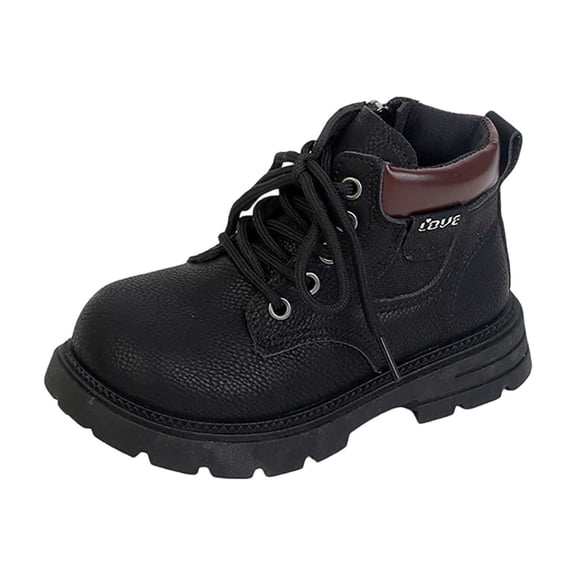 Gpaecead Girls Lace Up Chunky Sole Ankle Boots Side Zipper Faux Leather Round Toe Comfortable Casual Winter Shoes Black