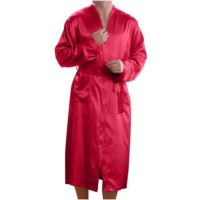 Men Solid Casual Long Sleeves Lace-up Home Pocket Long Pajama Robe
