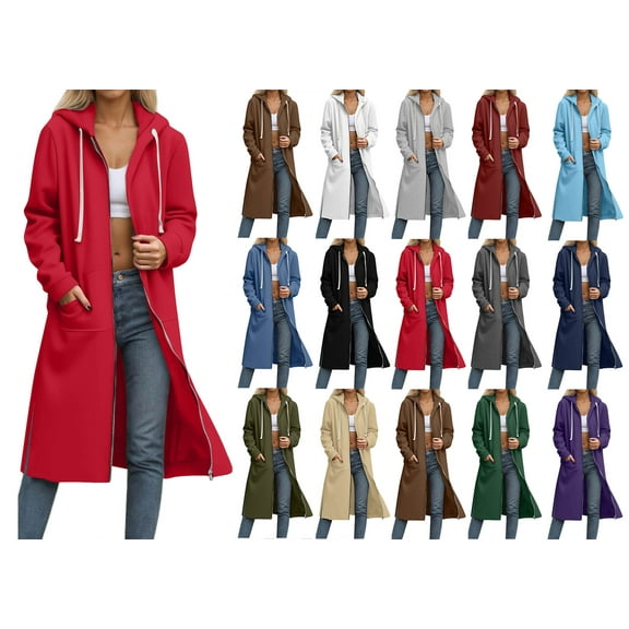 Crunowin Women's Zip Up Hoodie Oversized Long Tunic Sweatshirts, Casual Long Sleeve Fall Hoodie Jacket Red M