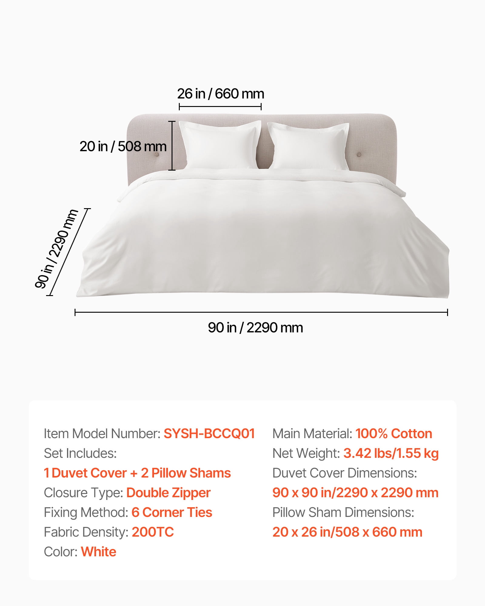 VEVOR Queen Duvet Cover Set, 100% Cotton, 3 Pieces Bedding Set Queen Size with 1 Duvet Cover 90 x 90 in and 2 Pillow Shams 20 x 26 in, Soft Breathable, Double Zipper Closure, for Home Bedding, White