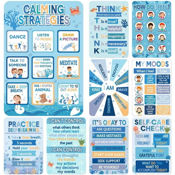 9 Calming Corner Classroom Poster Ocean Mental Health Poster Calm Down Corner Feeling Chart Under the Sea Emotion Coping Skills Educational Therapy for Classroom Wall Decoration