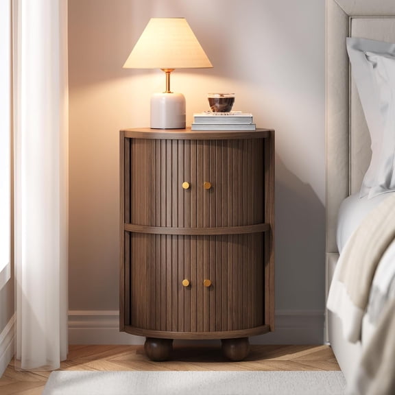 Fluted Nightstand, 2 Sliding Doors, 2-Tier Storage, Walnut