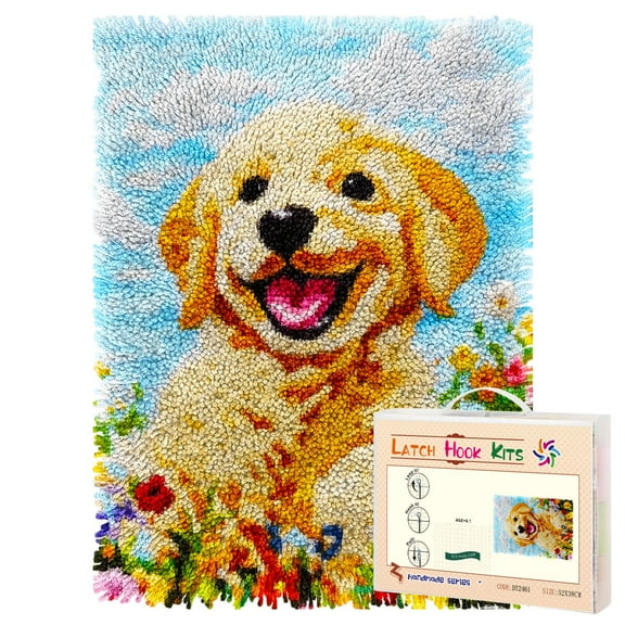 Latch Hook Rug Kit Cute Golden Retriever Puppy in Garden Pre-printed Handmade Carpet Crochet Yarn Craft DIY Hook and Latch Door Mat Tapestry for Home Floor Decoration 52x38cm-1