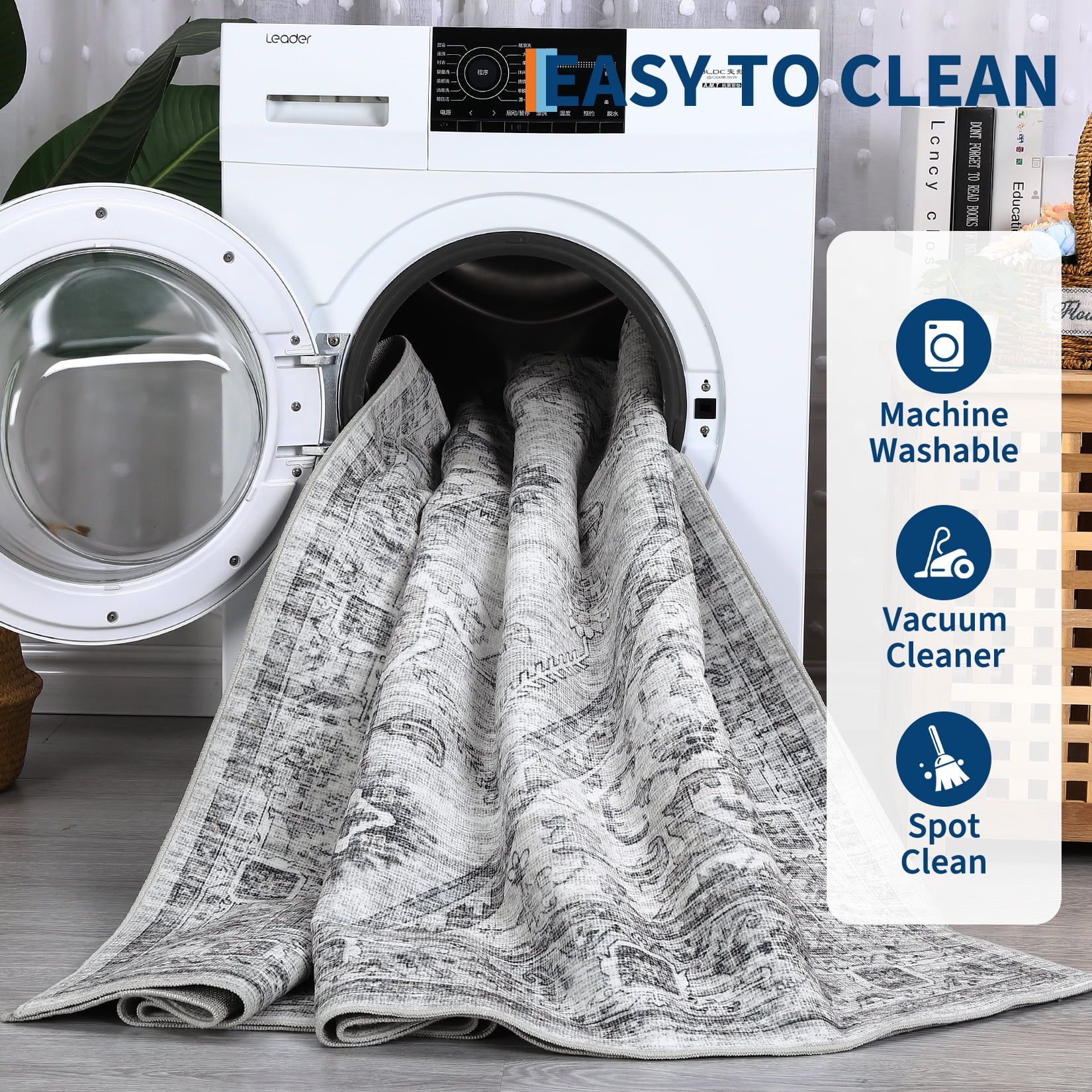 HOMERRY Foldable Area Rug 10' x 13' Washable Indoor Distressed Boho Floral Rug for Living Room, Light Gray