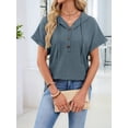 thumbnail image 4 of Women Summer Tops Waffle Knit Short Sleeve Drawstring Hoodies Button V Neck Casual Blouses Shirts Gray-Blue M, 4 of 9