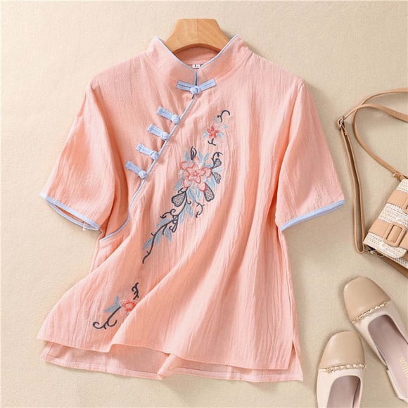 Jacenvly Women's Tops Clearance Women's Spring and Summer Casual Imitation and Embroidery Art Pankou Solid Color Short Sleeve Top Women's Tops and Blouses