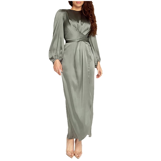 Robes Élégantes à Portefeuille pour Invitées de Mariage pour Femmes Automne Manches Longues Taille Haute Robe Maxi Unie Col Ras du Cou Robe de Soirée