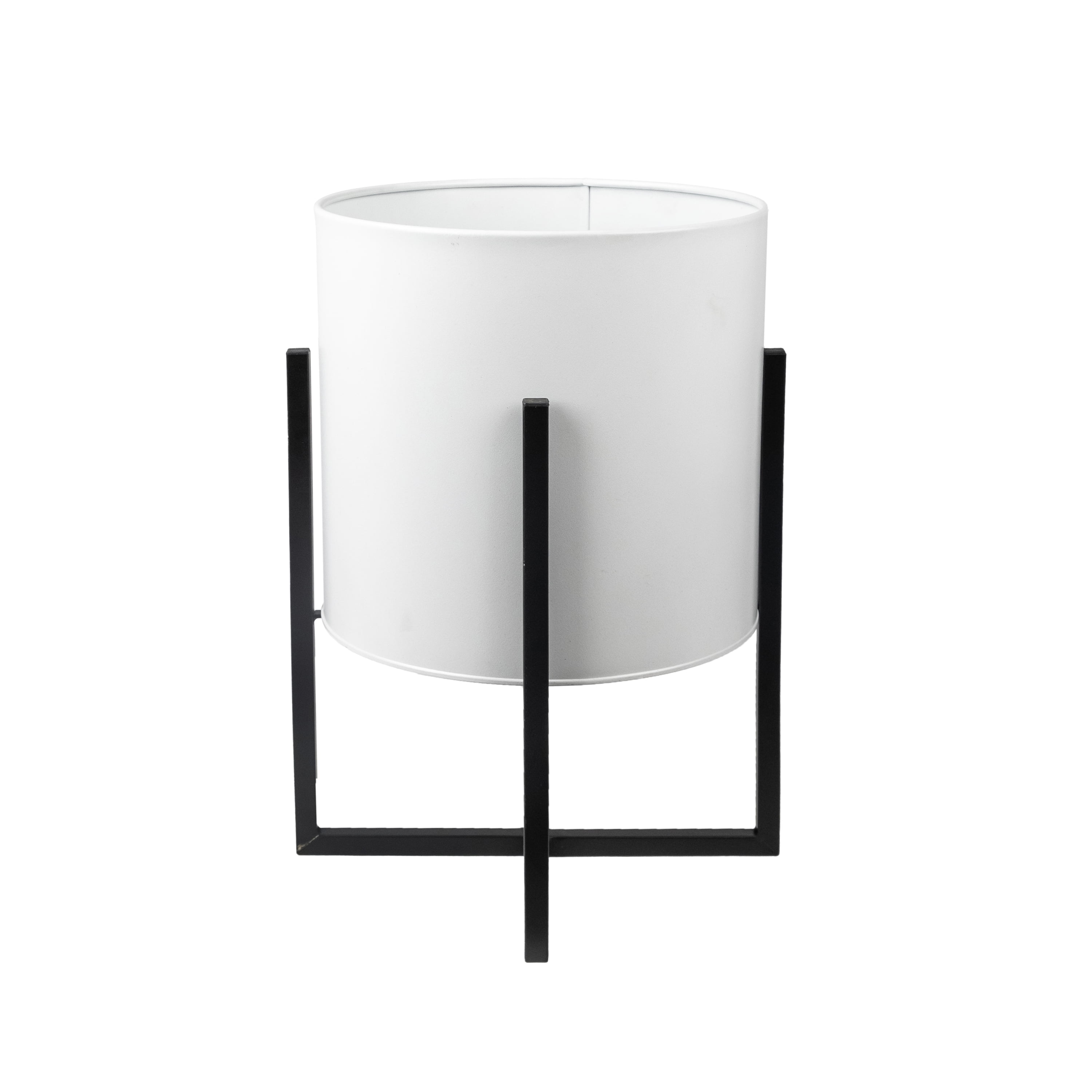 Mainstays 11 inch White Round Metal Planter with Black Metal Stand, 11 in Length x 15 in Height, Indoor